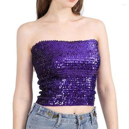 Women's Tanks Women Crop Top Off Shoulder Backless Sleeveless Shiny Sequin Glitter Slim Tight Clubwear Bandeau