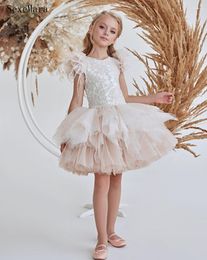 Girl Dresses Fluffy Champagne Tulle Feather Flower Dress Wedding Party Gown Knee Length Princess First Communion Prom Ball Pageant Wear
