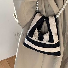 Shoulder Bags Women's Fashion Bags 2023 Design Pearl Chain Stripe Canvas Crossbody Handbag Mini Fashion Shoulder Bag Underarm Bag Femalestylishhandbagsstore