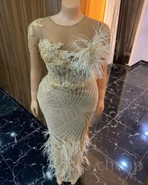 2023 August Aso Gold Sheath Prom Dress Beaded Feather Sexy Evening Formal Party Second Reception Birthday Engagement Gowns Dresses Robe De Soiree ZJ784