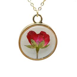 Pendant Necklaces Red Rose Real Flower Transparent Floating Locket Gold Colour Chain Long Necklace Women Boho Fashion Jewellery Love Romantic