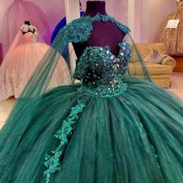 Green Princess Quinceanera Dress Ball Gown Sequins Applique Vestido Mexicano Style Sweet 15 Prom Gown with Warp308O