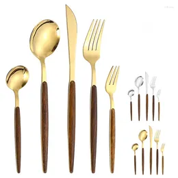 Flatware Sets Stainless Steel Cutlery Set Gold Dinnerware Silverware Knife Fork Spoon Wooden Non-slip Handle Utensil For Home