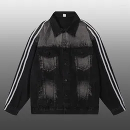 Men's Jackets High Streetwear Stitching Printing Mens Casual Men Denim Long Sleeve Jacket Top Black Motorcycle