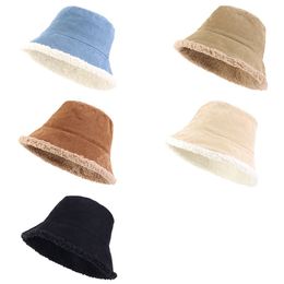 Wide Brim Lamb Wool Winter Warm Bucket Hat Thick Women Solid Color Corduroy Plush Fisherman Cap Outdoor Keep Warm Panama Cap