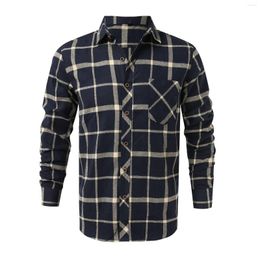 Men's Casual Shirts Men Plaid Shirt Top Oversize Button Cardigan Coat Pocket Turn-Down-Collar Blouse Streetwear Autumn Long-Sleeve Clothing