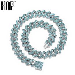 15mm Rhombus Prong Cuban Link Chain Iced Out Blue Rhinestones Bling Rapper Necklaces Bracelets for Men Women Choker Jewellery