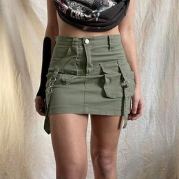 Skirts Y2K Vintage Mini Cargo Pockets Chic Streetwear Sexy Denim Bottoms Harajuku Bodycon Women Green