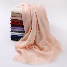 Cotton Muslim Scarf Women Rhinestone Pearl Headscarf Solid Color 175*70cm Foulard Female Handmade DIY Hijab