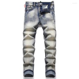 Men's Jeans 2023 Spring Punk Fashion Checked Cotton Trousers Mid-Waisted Casual Pencil Pants Solid Jean Hombre Denim