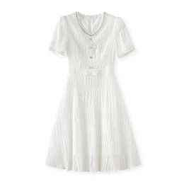 2023 Summer White Solid Color Panelled Lace Dress Short Sleeve V-Neck Midi Casual Dresses W3L043706
