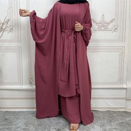 Ethnic Clothing 3 Piece Matching Muslim Sets Open Abaya With Sleeveless Slip Inner Hijab Dress Wrap Skirt Abayas For Women Dubai Islam