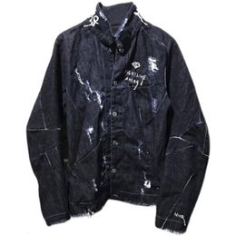 Men's Jackets Dark Vintage GL Hand Painted Broken Hole Embroidery Denim Jacket Personality Washed Fashion Jeans Coat Top 230812