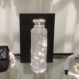 sparkling High-end Insulated Bottle Bling Rhinestone Stainless Steel Thermal Bottle Diamond Thermo Silver Water Bottle with Lid 20258n