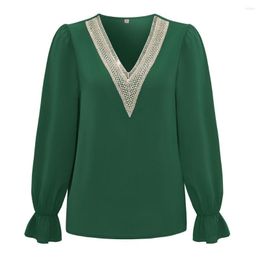 Women's Blouses Women Autumn T-shirt V-neck Long Sleeve Top Lace Trim Pullover Tops Ruffle Cuffs Loose Fit Blouse Solid