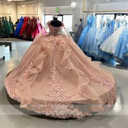 2023 Sexy Blush Pink Quinceanera Dresses Lace Appliques Crystal Beads Sweetheart Ruffles Long Sleeves Plus Size Formal Party Prom Evening Gowns