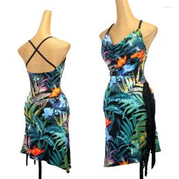 Stage Wear Green Printed Latin Dance Dress Women Backless Summer Practise Clothes Rumba Costume Performance DNV17941