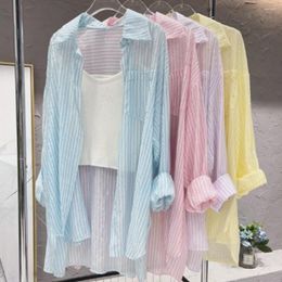 Women's Blouses Summer Striped Drill Cool Long-sleeved Shirt Loose Blouse Women