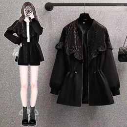 Women's Trench Coats 2023 Spring Autumn Fashion Lace Sequin Clothing Casual Waist Windbreaker Black Streetwear Tops