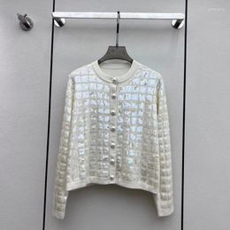 Women's Knits 2023 Fashion High Quality Ecru Cashmere Sequins Cardigan For Women O-Neck Long Sleeve Shiny Sweater Jacket Top Lady Autumn