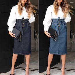 Skirts High Waist Bow Tie Belted Slant Pockets Buttons Pencil Skirt Autumn Winter Hip Wrap Denim Midi Female Clothing