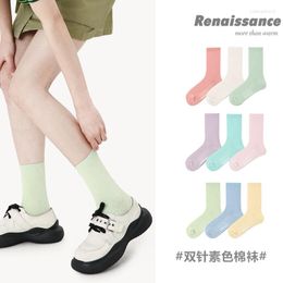 Women Socks 3 Pairs Plain Colour Double-needle Women's Combed Cotton Mid-tube Gift Box Boneless Solid For