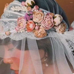 Bridal Veils White Soft Tulle Wedding Veil Velo De Novia Boda Pink Poney Flowers Beads Lace Headband For Women Veu Noiva Voile Mariage