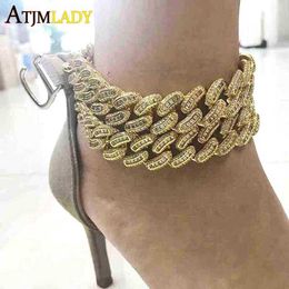 2023 Summer New 5a Clear Cz Women 15mm Leg Chain Fashion Cubic Zirconia Link Gold Silver Colour Cuban Foot Anklet 230719