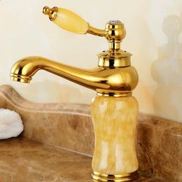 Basin Faucet Gold Brass Bathroom Single Handle Mixer Wash-basin Faucet With Jade Cold Hot Water Sink Crane Mixing Taps Torneira