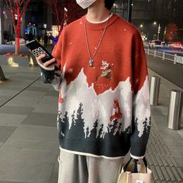 Men's Sweaters Pullovers Men's Sweater Fashion Christmas Print Elk Embroidery Winter Japanese Vintage Couple Knitting Jumper Snow Mountain Warmth Z230814