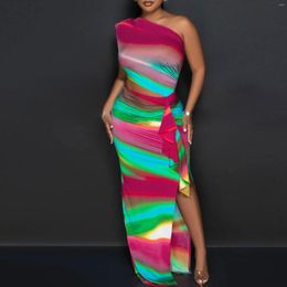 Casual Dresses CINESSD 2023 -Selling Sexy Printed One-Shoulder Hollow-out Colour Split Lace Floor Length Dress