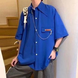 Men's Casual Shirts E-BAIHUI Summer Blue Mens With Chain Loose Korean Version Men Clothing Tops Chic Lapel Short Sleeve White Shirt