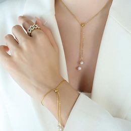 Necklace Earrings Set Niche Design Ins Trendy Internet Influencer Pearl Bracelet Vertical Square Chain Pull-out Jewellery E142-P702