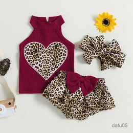 Clothing Sets 3Pcs Newborn Baby Girls Summer Outfit Leopard Print Heart Knit Tank Top Bow Ruffles Shorts Headband 0-18M R230814