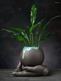 Vases Creative Ceramic Green Straw Copper Money Grass Hydroponic Flower Pot Vase Succulent Home Room Decoration Retro Simple