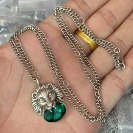 Retro Design Silver Chain Classic Fashion Lion Head with emerald Necklace Retro Couple Neck Chains Necklaces Jewellery Gift CGN2 --25