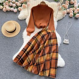 Work Dresses Amolapha Women Knitted Fashion 2pcs Sets Stand Collar Lanttern Sleeve Slim Tops Plaid Woollen A-Line Skirts Clothing Suits