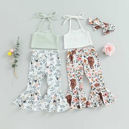 Clothing Sets 2023-05-31 0-4Years Baby Kid Girls Fall 3Pcs Fashiong Clothing Tie-up Halterneck Vest Flower Cow Print Flare Pants