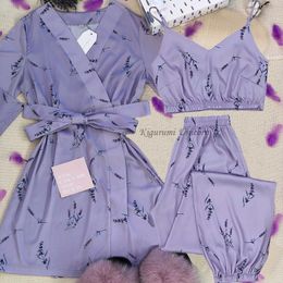 Women's Sleepwear Satin Silk Pajamas Set Women 3PC Strap Top Pants Floral Printed Sleepwear Autumn Pyjamas Home Wear Nightwear Robe Gown S-XXL 230812