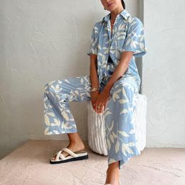 Women's Two Piece Pants Summer Short Sleeve Lapel Shirt Home & Outdoor Outfit Fashion Printing Women Pyjamas Set Casual Long Beach Suits