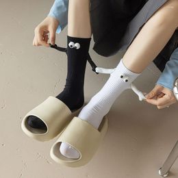 Women Socks 1 Pair Magnetic Couple Holding Hands Solid Colour Cartoon Lovely Funny Mid Tube Fashion Black White Sports