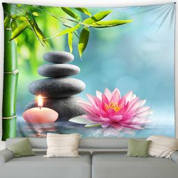 Tapestries Green Bamboo Tapestry Pink Lotus Orchids Flowers Plants Black Spa Garden Landscape Wall Hanging Home Living Room Decor