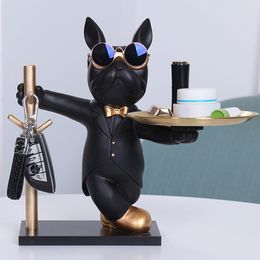 Decorative Objects Figurines French Bulldog Sculpture Dog Statue Decorative Figurine Storage Metal Tray Coin Piggy Bank Entrance Key Snack Holder 230812