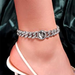 13mm Hip Hop Iced Out Paved Cuban Chain Rhinestone Anklets for Women Bling Crystal Round Eye Leg Ankle Bracelet Beach Jewellery 230719