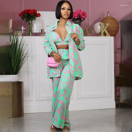 Women's Two Piece Pants Floral Printing 3 Set Women Outfit Elegant Long Sleeve Shirt Top Bra Wide Leg Suit Casual Vacation Matching Sets