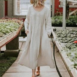 Casual Dresses Vintage Women Maxi Dress Loose Solid Color Long Sleeve Pockets A-line Big Hem Soft Breathable Pleated Lady
