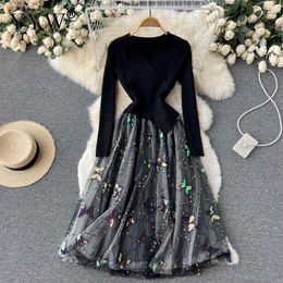 Casual Dresses 2023 Knitting Full Sleeve Women Female Dress Butterfly Sequins Fashion Mesh Vestidos Office One-Piece Outfits Elegant