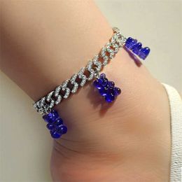 Hiphop Silver Color Chunky Metal Cuban Anklets for Women Resin Bear Pendant Shiny Crystal Miami Link Chain Anklet Jewelry 230719