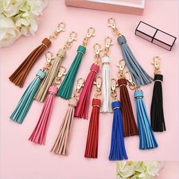 Keychains Lanyards Long Tassel Keychain Car Bag Hanging Pendant Ornaments Gift For Women Girls Trinket Leather Rhinestone Bow Key Ri Dhpc3