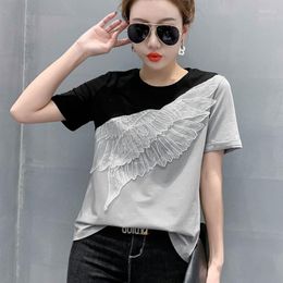 Women's T Shirts Summer Coloured Asymmetric Loose Top With Feather Lace Patch Short Sleeve T-shirt For Women Clothing